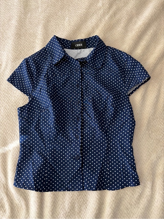 Cider Tops - Cider Navy and White Polka Dot Button-Up Short Sleeve Blouse